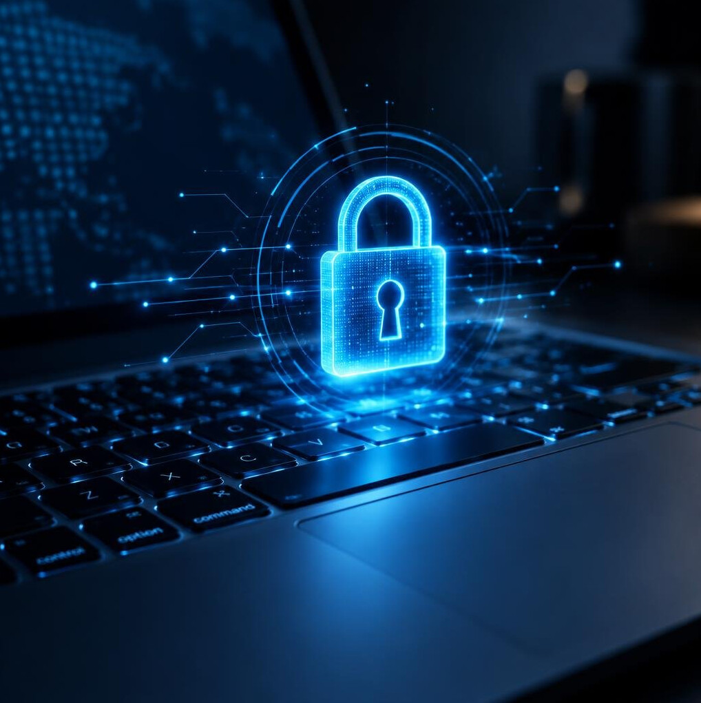 Padlock icon overlay on a laptop keyboard symbolizing cybersecurity