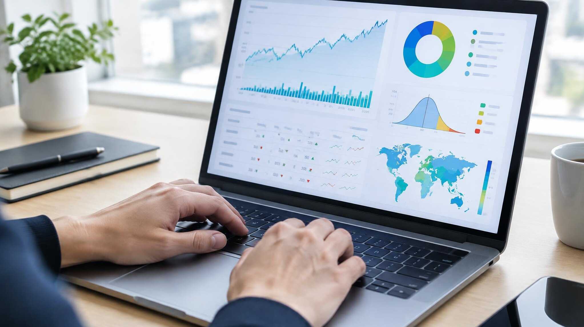 Close-up of hands analyzing financial charts and data on a laptop screen