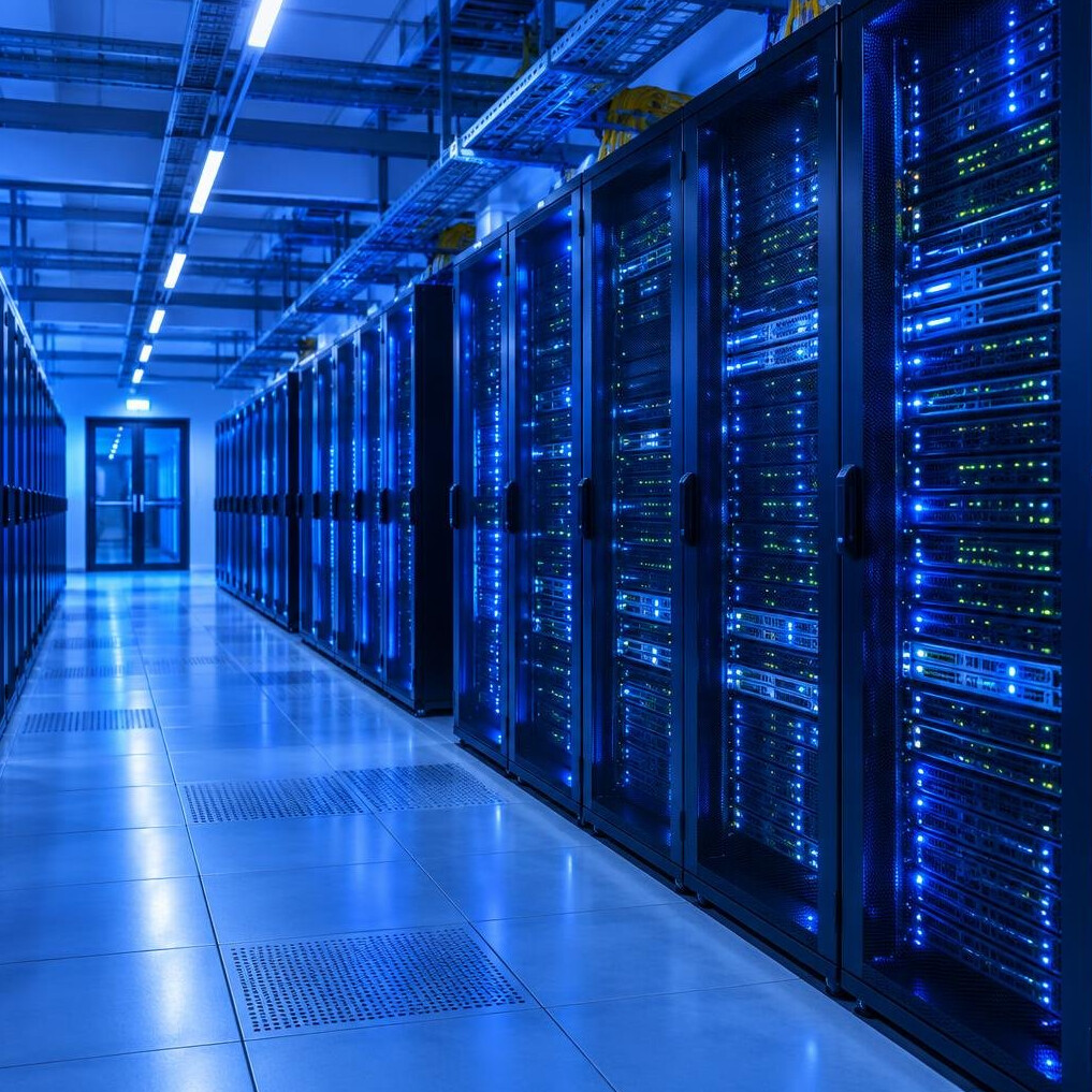 Rows of illuminated server racks in a data center