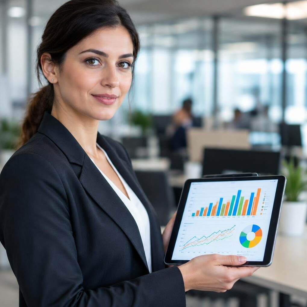 Business analyst reviewing colorful data charts on a tablet device