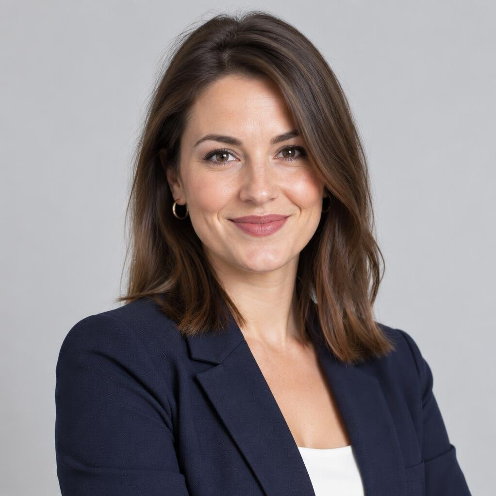 Studio portrait of a smiling woman with shoulder length hair in a blazer