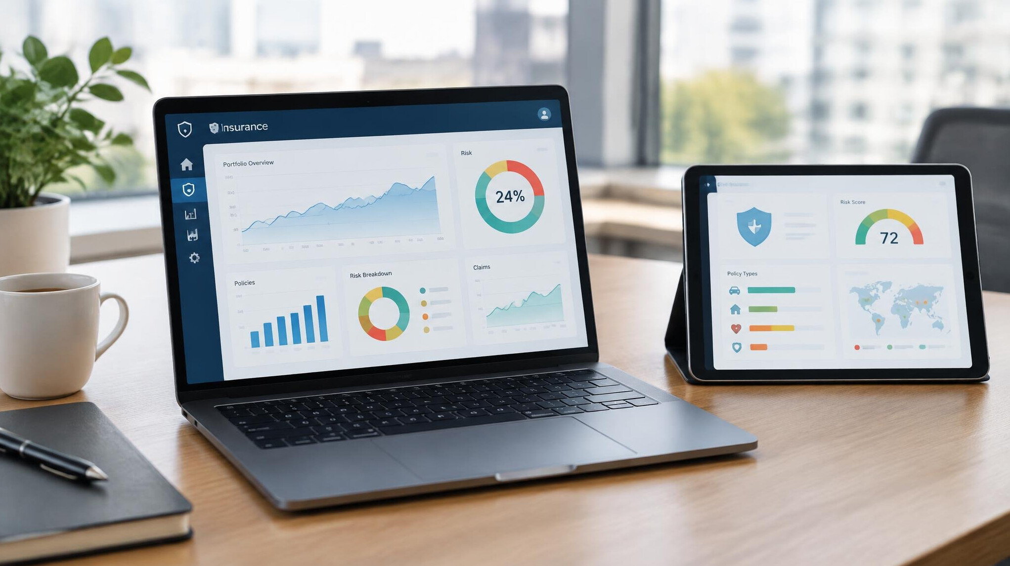 Person reviewing digital insurance dashboard on a laptop and tablet